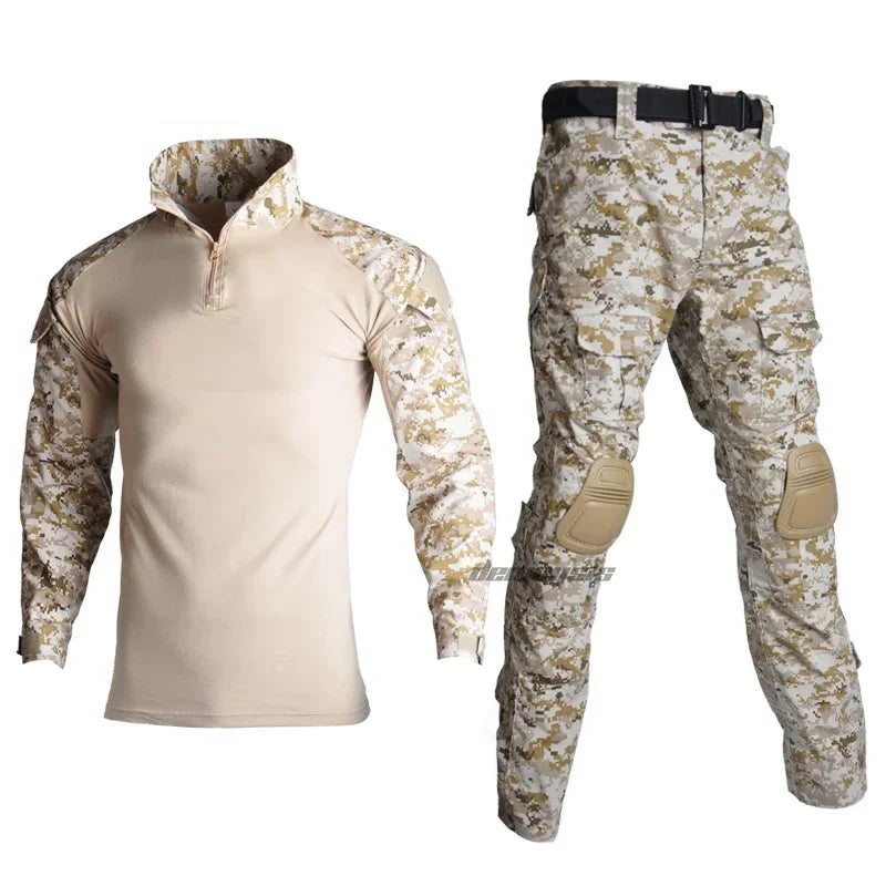 Tactical Camouflage Uniform Clothes Mens Outdoor Paintball Hunting Combat Shirt + Pants with Knee