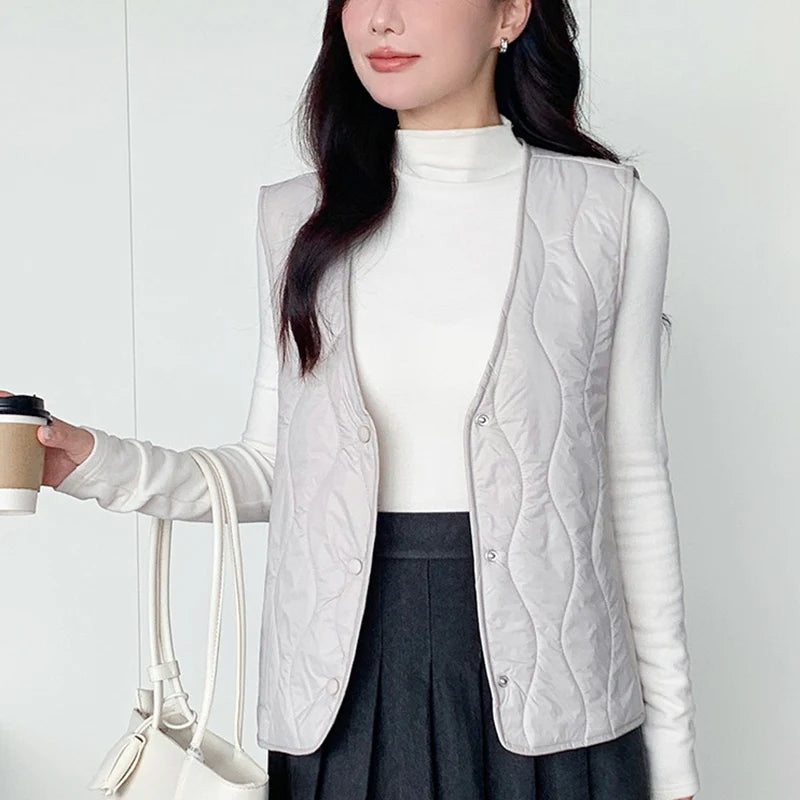 Lichtgewicht katoenen vestjas voor dames, Koreaanse V-hals, warm, mouwloos