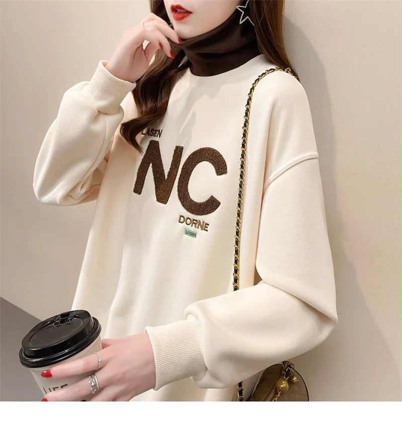 Autumn Winter High Collar Long Sleeve Fleece Thick Oversize Streetwear Female Sweatshirt Fake 2
