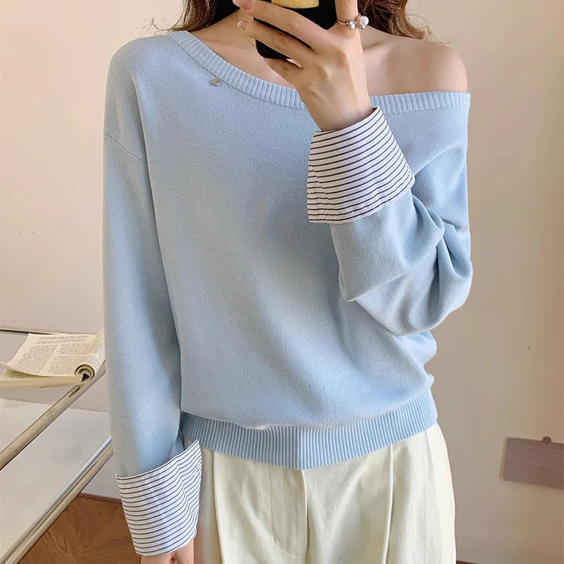 Полосатый свитер с плетением для женщин, модный свитер с открытыми плечами на весну и осень