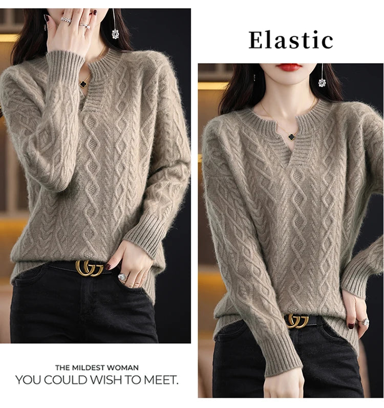 Pure Mink Cashmere Trui Dames V-hals Dikke Brei Trui Mode Jacquard