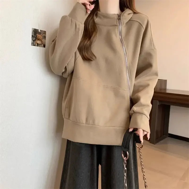 Plus Size Women Belly covering Hooded Diagonal Zipper Long sleeved Sweatshirt for Fat Girls Loose