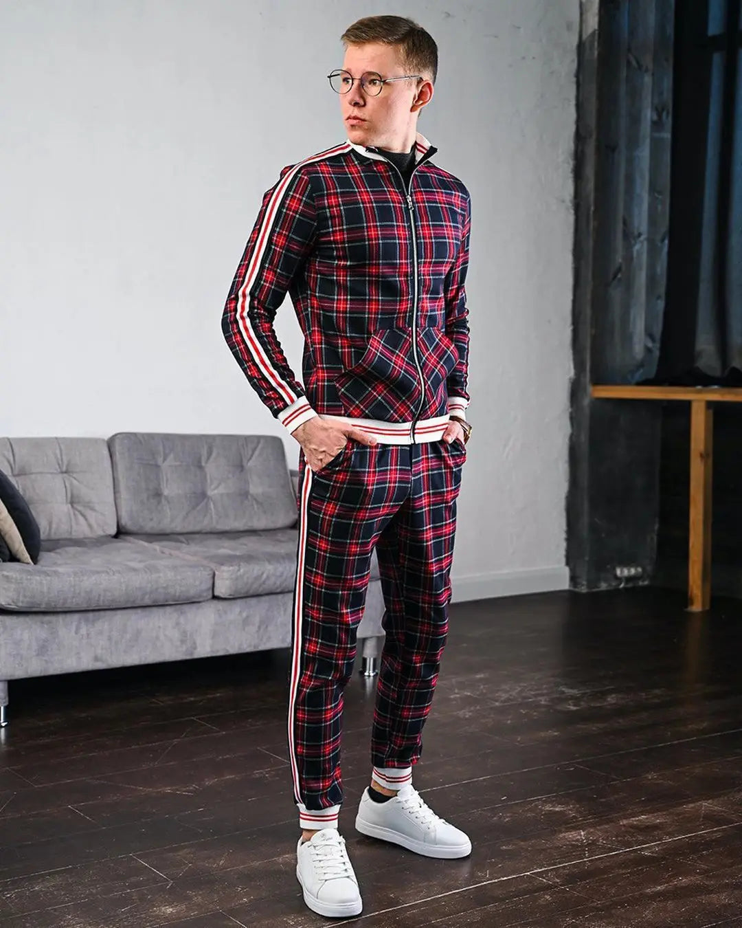 Mens Tracksuits Colorful Plaid Casual Zipper Hoodie Set 3D Print Set Autumn Male