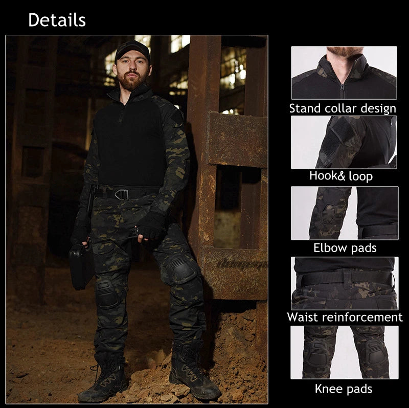 Tactical Camouflage Uniform Clothes Mens Outdoor Paintball Hunting Combat Shirt + Pants with Knee