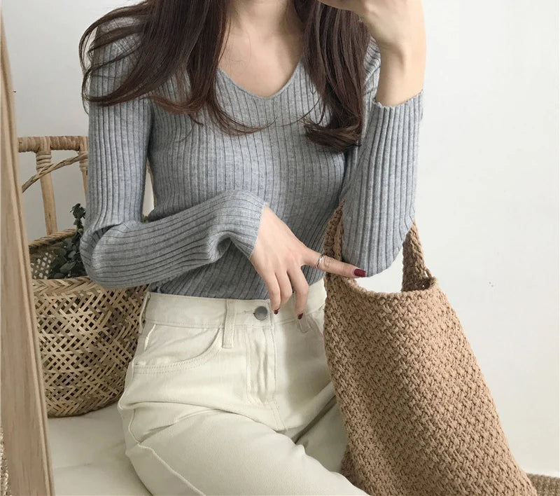 Heliar Dames V-hals Slim Sexy Trui Gebreid Lange Mouw Effen Onderkant Trui