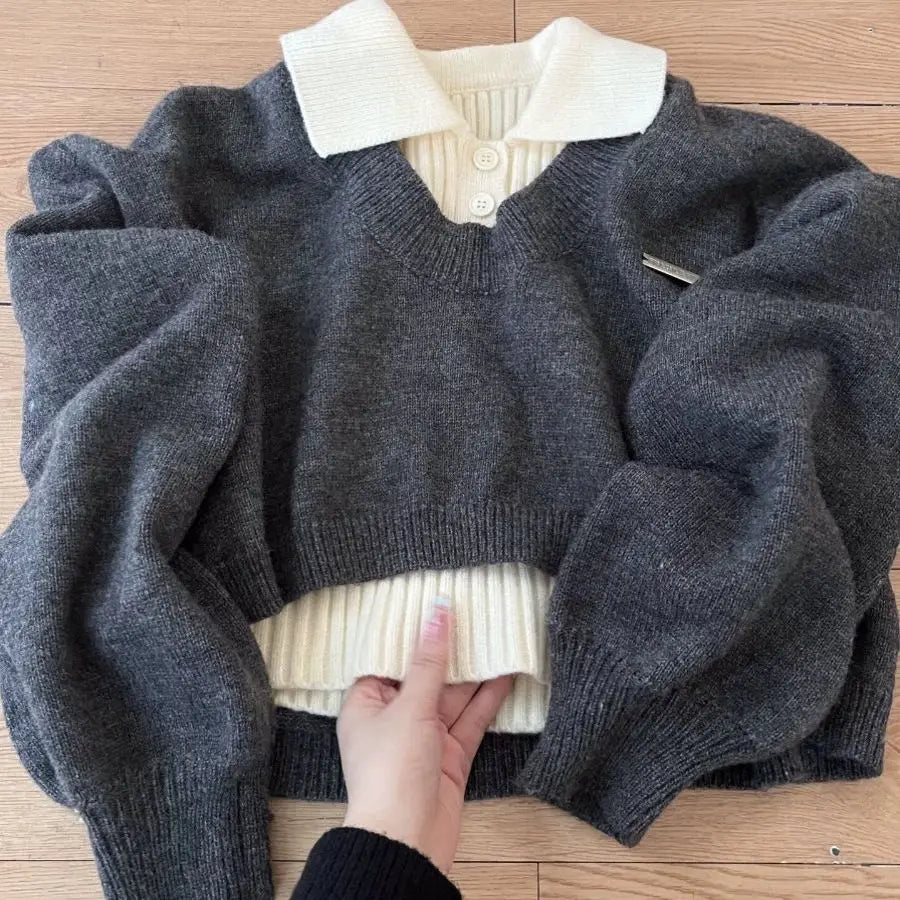 College Style Polo Collar Two piece Sweater Lazy and Sweet Knit Sweater Top Korean Blue