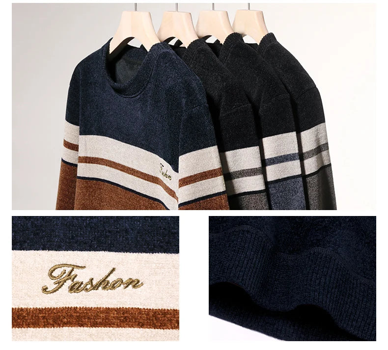 Mens Chenille Sweaters Fashion Knitting Pullover Striped Men s Autumn Winter Top Clothes Round