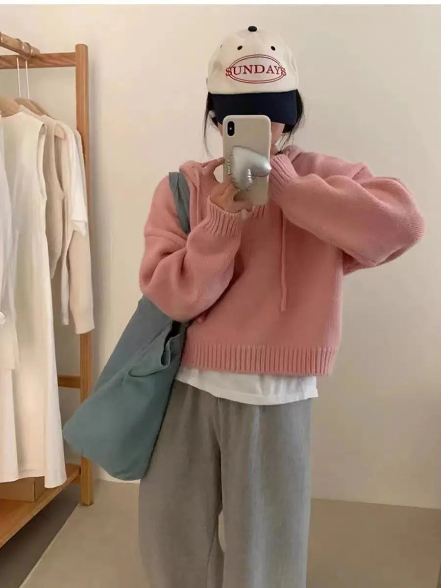 Koreaanse gebreide hoodie met capuchon, effen kleur, zachte en losse bedekking