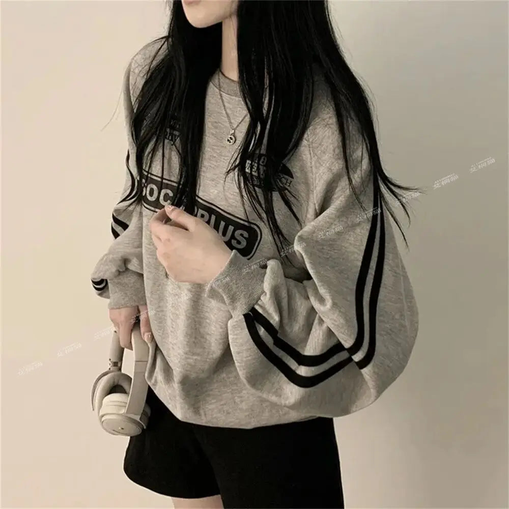 American Thin Round Neck Sweatshirt Women in Spring Autumn Korean Loose Versatile Top