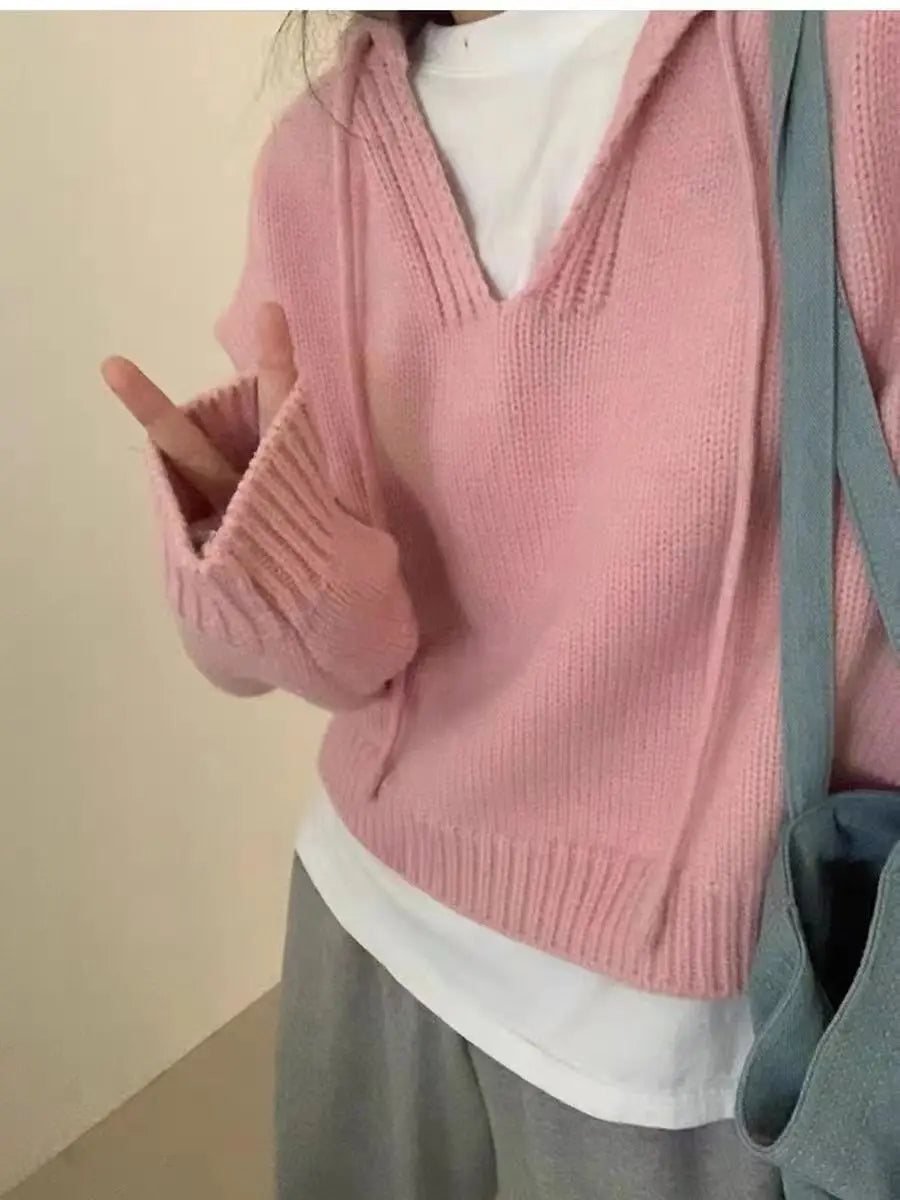 Koreaanse gebreide hoodie met capuchon, effen kleur, zachte en losse bedekking