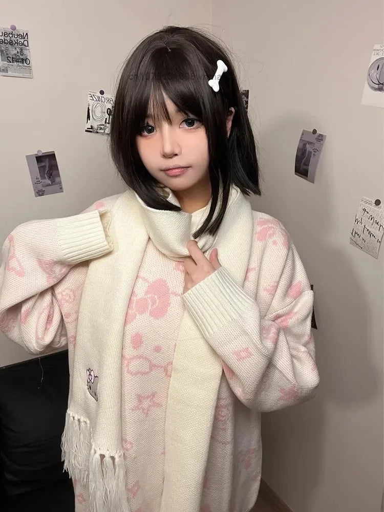 Kerst Hello Kitty schattige gebreide trui met sjaal voor vrouwen Y2k