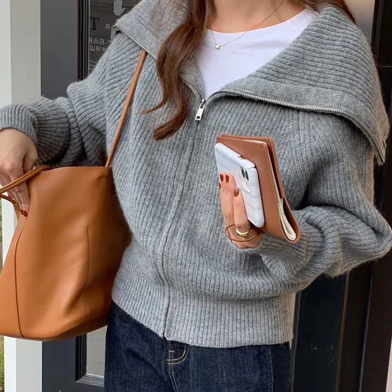 Heliar Dames Rits Cardigan Trui Omslagkraag Effen Gebreid Los Casual