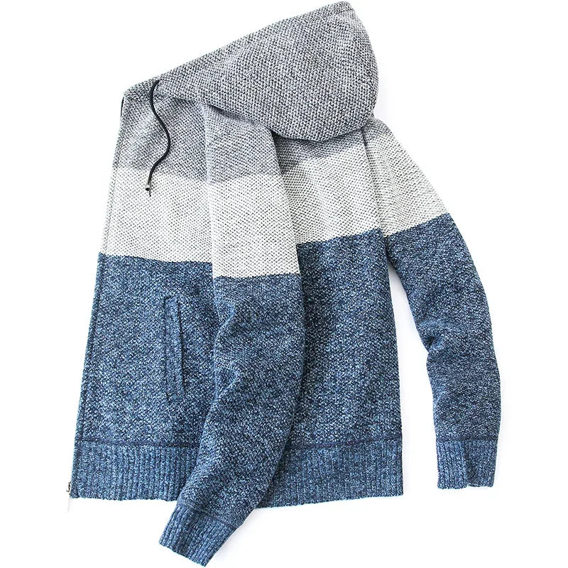 Men s Casual High Neck Long Sleeve Knitted Hoodie Coat Velvet Warmth Autumn Winter Fashion Multi