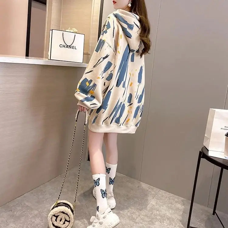 Hoodie met capuchon en flanellen stof voor dames, Koreaanse versie, losse top met middellange mouwen, jas in luie stijl