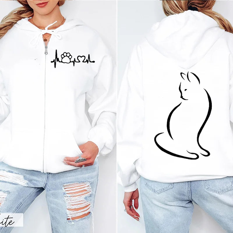 Dames Hoodie met Ritssluiting, Herfst Winter, Schattige Kat, Heatbeat Sweatshirt, Hiphop