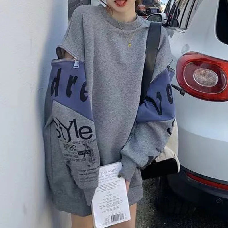 Autumn Fashion Korean Edition Design Sense Round Neck Pop Street Zipper Long Sleeve Panel Loose