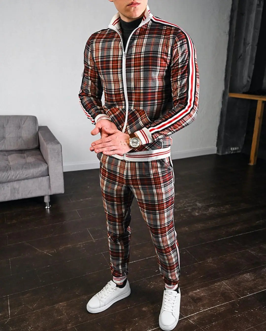 Mens Tracksuits Colorful Plaid Casual Zipper Hoodie Set 3D Print Set Autumn Male