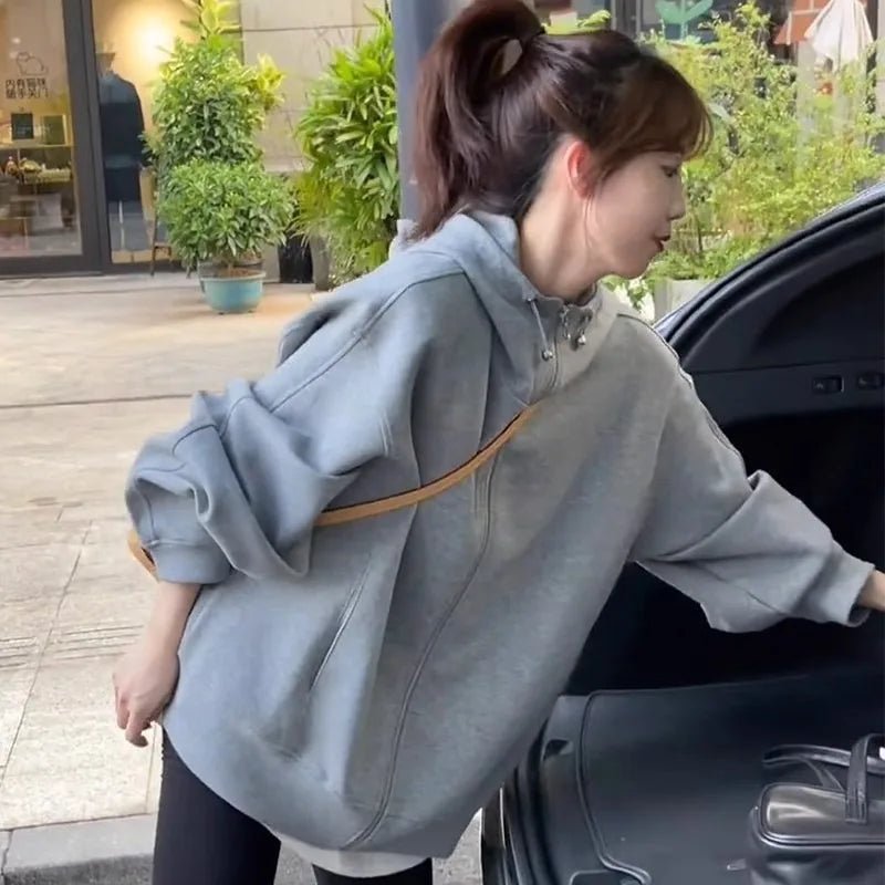 Mode Effen Kleur Trui Gebreid Vest Dames Ritssluiting Lange Mouw Los