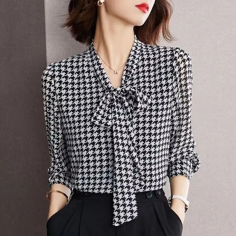 Lente Herfst Sjaalkraag Mode Lange Mouw Blouse Dames High Street Casual