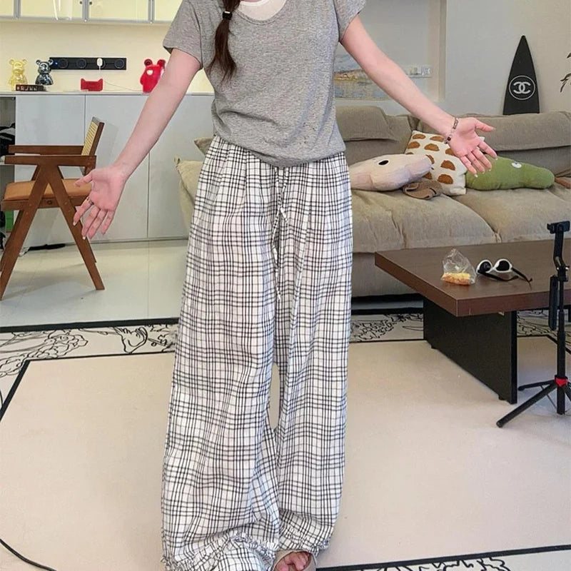 Zomer casual geruite lange broek voor vrouwen met trekkoord en wijde pijpen, losse broek voor vrouwen