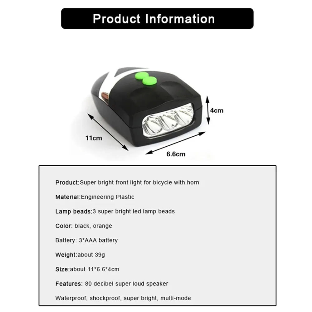 3 LED-fietskoplamp met claxonring, fietsveiligheidskoplampalarm
