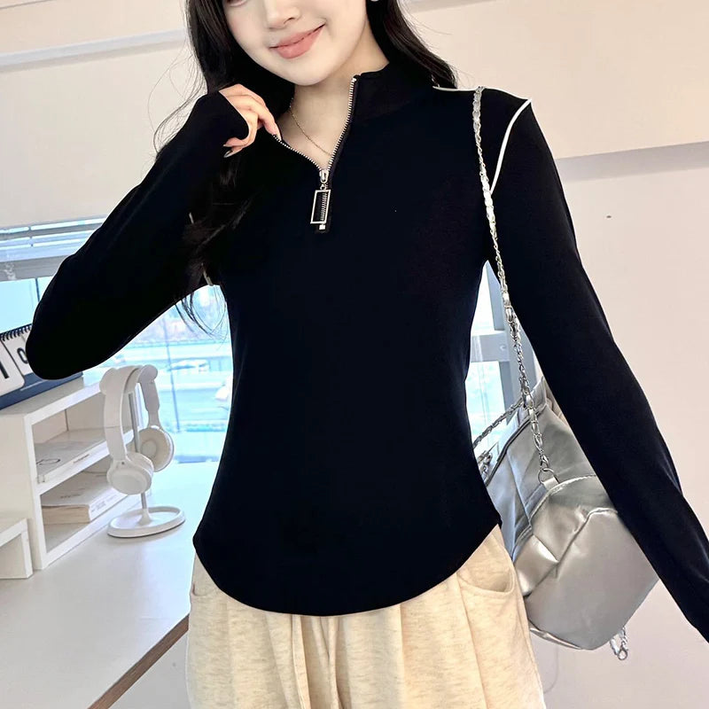 Koreaanse ritsen lange mouwen T-shirt voor vrouwen staande kraag slim fit trui vrouw