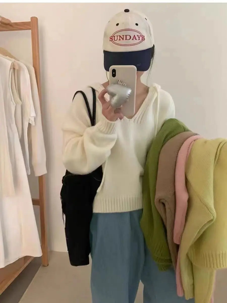 Koreaanse gebreide hoodie met capuchon, effen kleur, zachte en losse bedekking