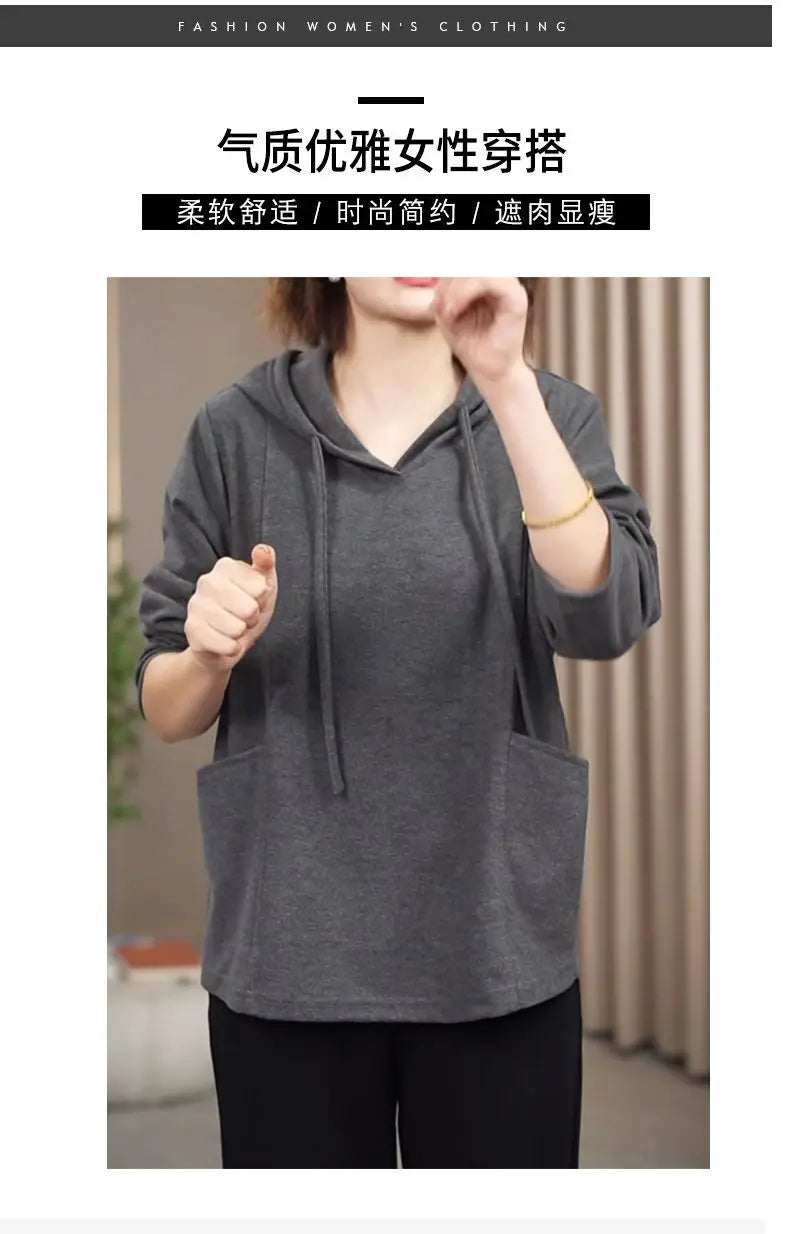 Large Pocket Meat covering Hooded Sweatshirt Women s Spring and Autumn Style Loose Hips Wear Tops