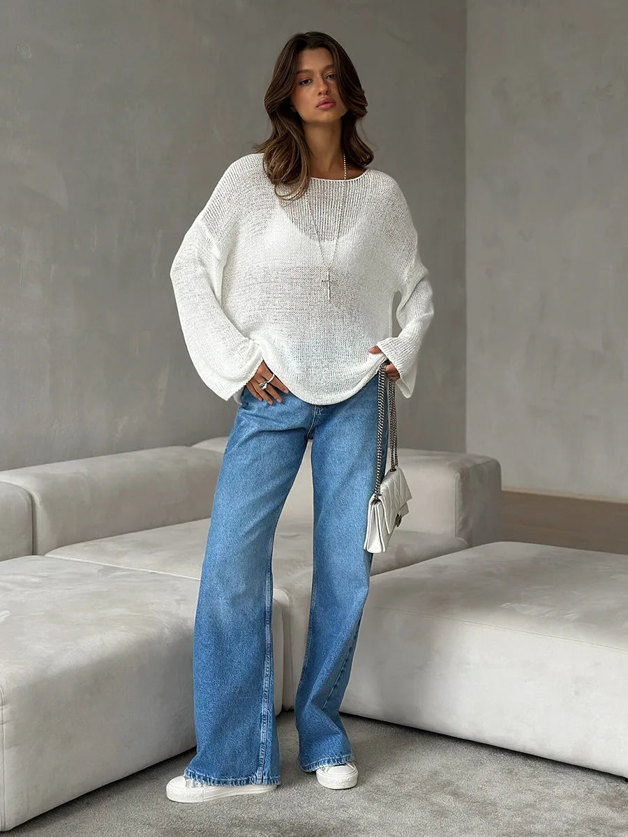 Bornladies Simple Solid Color Long Sleeved Sweater Women s Spring Knitted Hollow