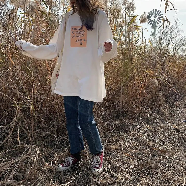 Cotton Loose Long Sleeved Top Women s Base T shirt