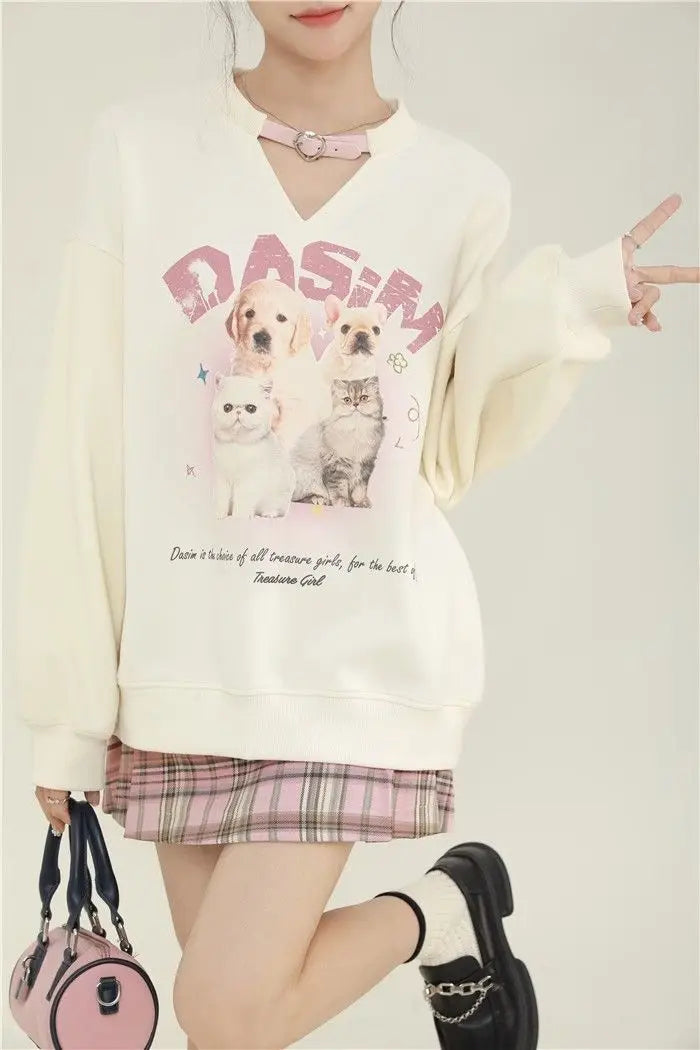 College-stijl schattige bedrukte fleece hoodie met lange mouwen voor dames en uniek ontwerp Sense Niche Loose