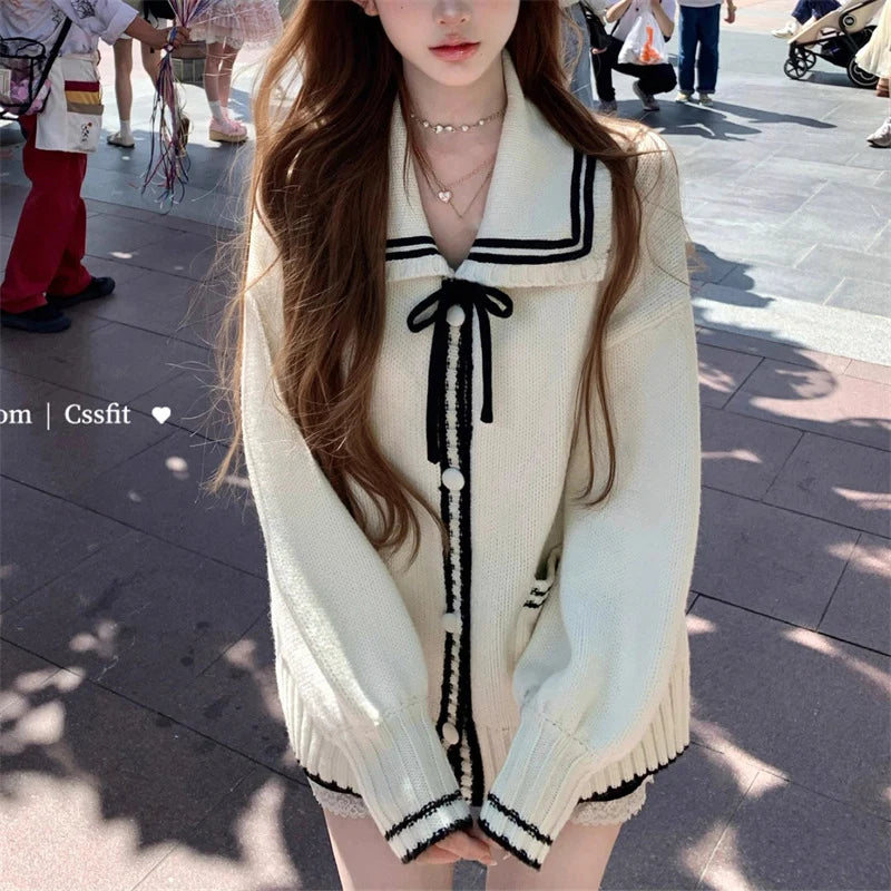 Preppy Style Mix Color Women s Cardigan Korean Lace Up Bowknot Cardigan Woman
