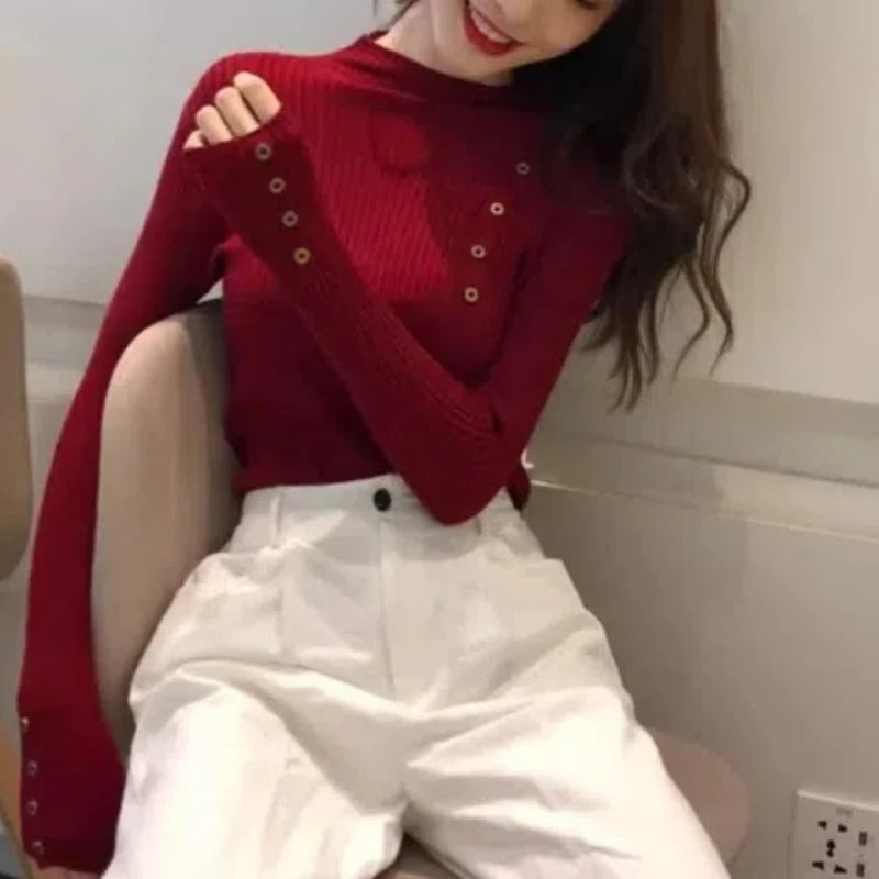 Весна-Осень Женская Одежда Однотонный Пуловер На Пуговицах Вязаный Свитер