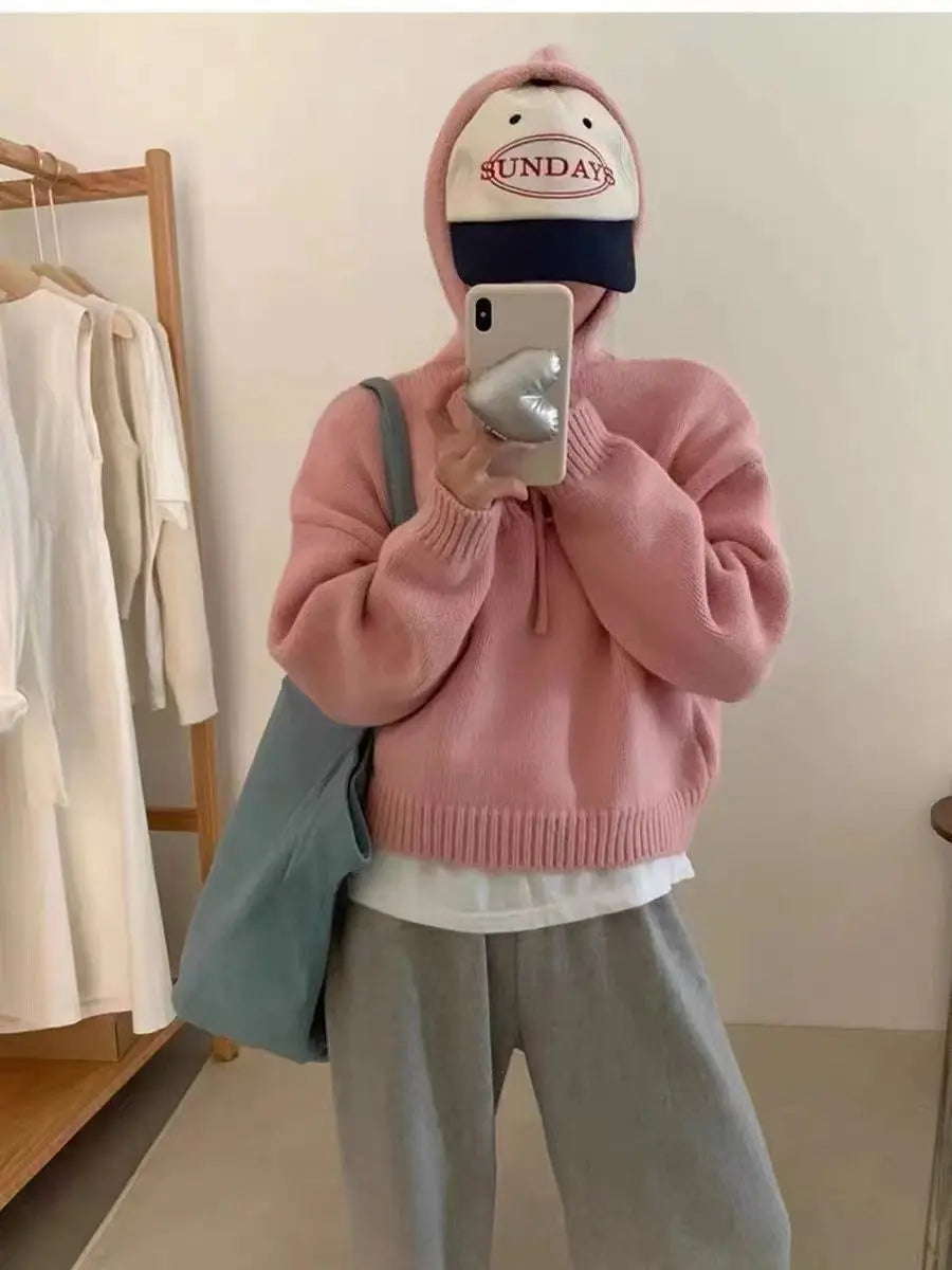 Koreaanse gebreide hoodie met capuchon, effen kleur, zachte en losse bedekking
