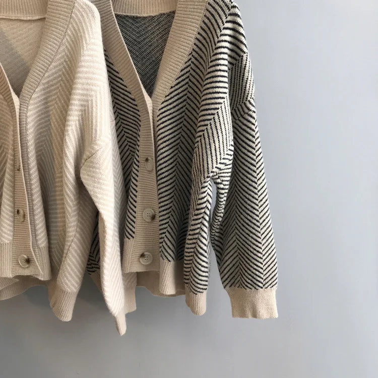 Bornladies Dames Trui Herfst Winter V-hals Gestreept Losvallend Cardigan