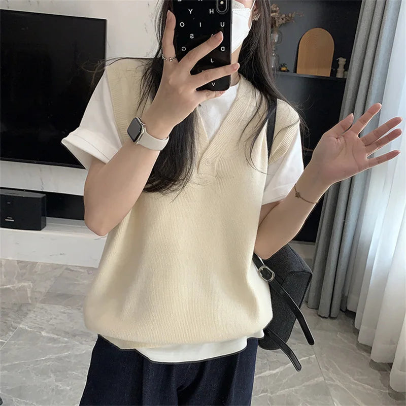 Casual Sleeveless Knitted Vest for Women Button V Neck Sweater Vest Woman Autumn
