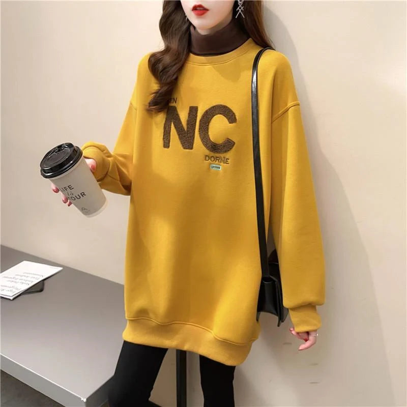 Autumn Winter High Collar Long Sleeve Fleece Thick Oversize Streetwear Female Sweatshirt Fake 2