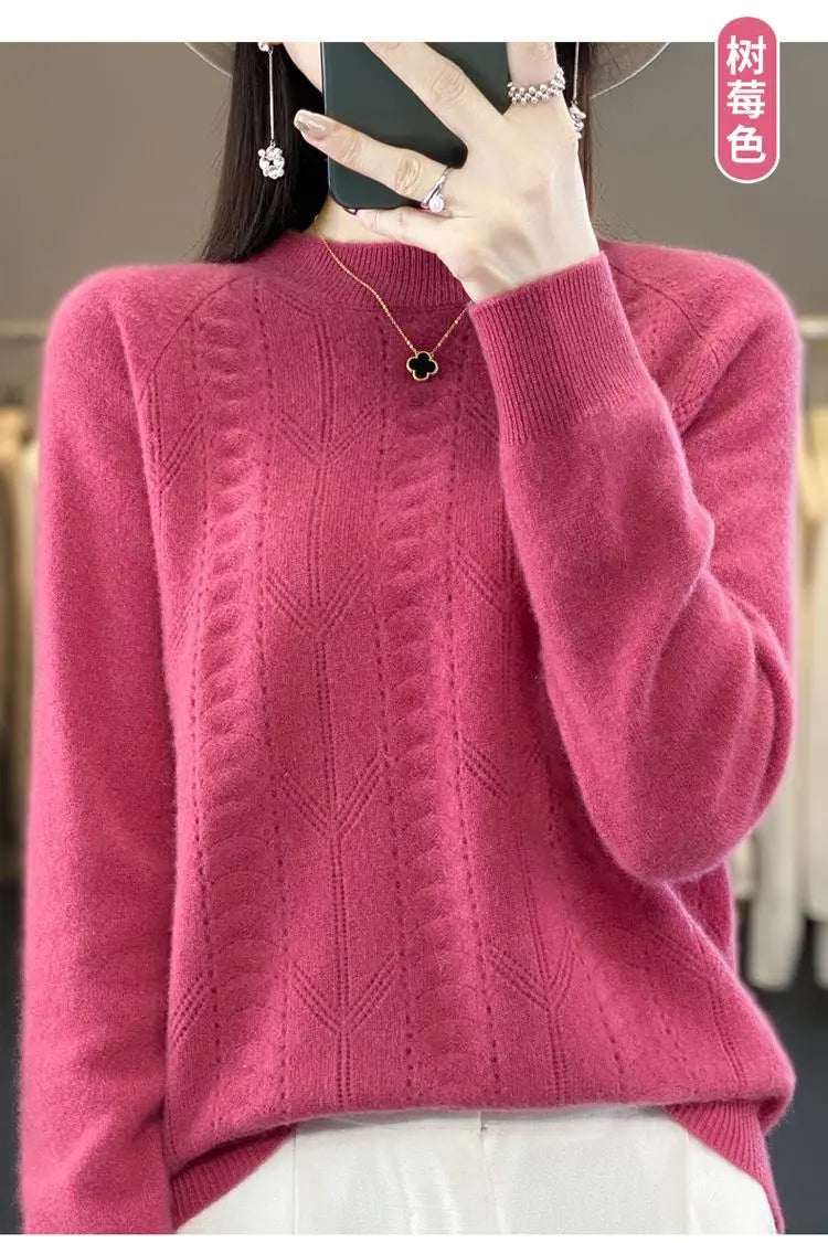Women Stylish Simple Hollow Soft Cashmere Basic Knitted Sweater Solid O Neck Long Sleeve Loose