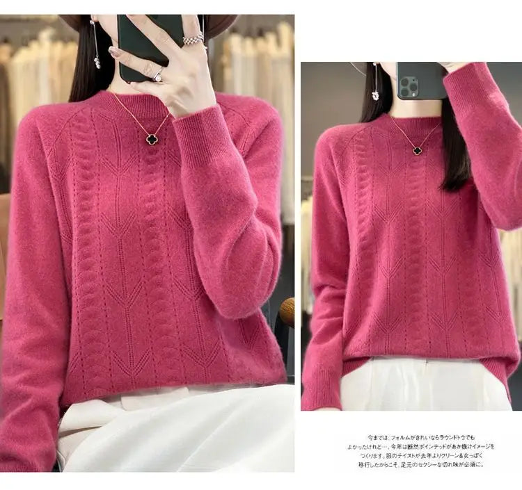 Women Stylish Simple Hollow Soft Cashmere Basic Knitted Sweater Solid O Neck Long Sleeve Loose