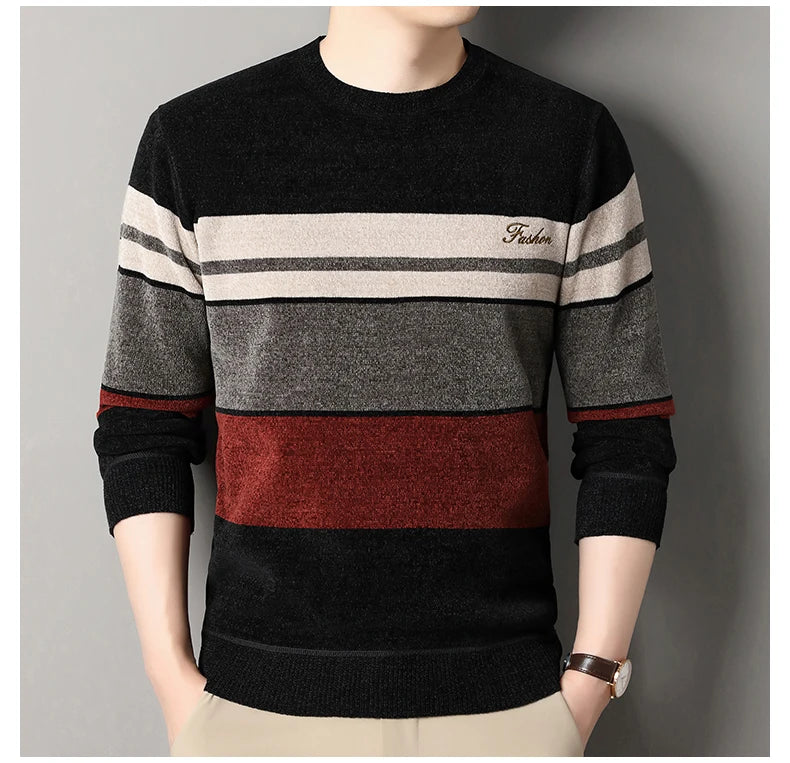 Mens Chenille Sweaters Fashion Knitting Pullover Striped Men s Autumn Winter Top Clothes Round