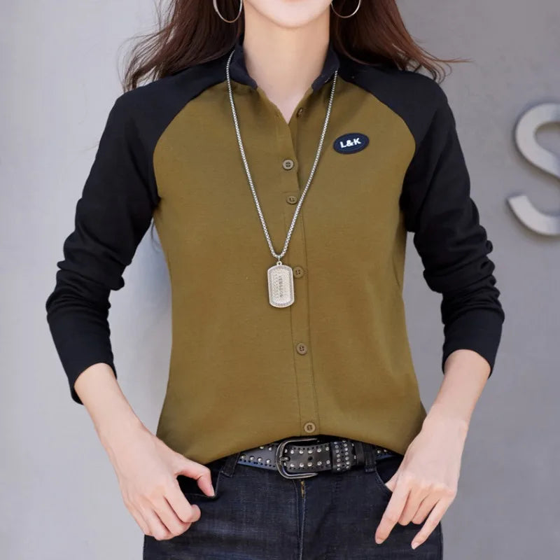 Herfst- en wintertrui voor dames, opstaande hals, knoopsluiting, contrastpaneel, lang