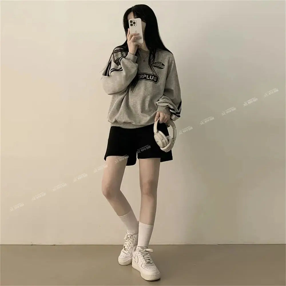 American Thin Round Neck Sweatshirt Women in Spring Autumn Korean Loose Versatile Top