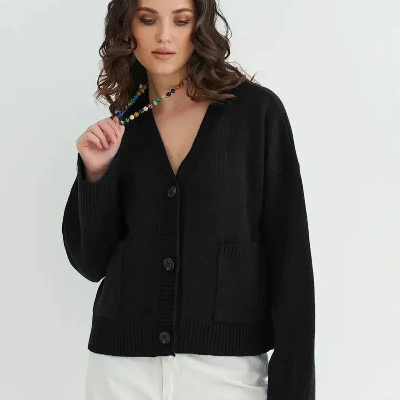 Gele gebreide single-breasted cardigan voor dames, lente/herfst, losse V-hals