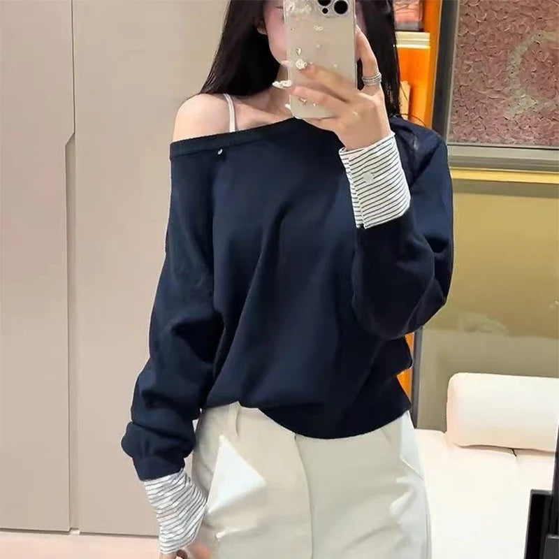 Полосатый свитер с плетением для женщин, модный свитер с открытыми плечами на весну и осень