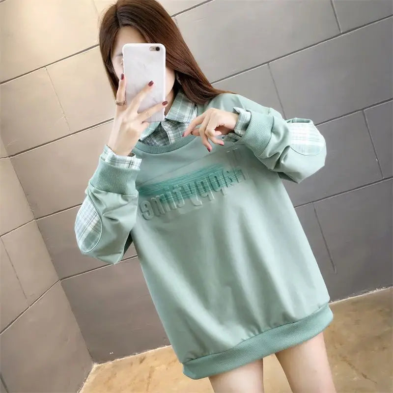Fake Two Hoodies voor vrouwelijke studenten Koreaans ontwerp Patchwork Dun Lange mouwen Los Veelzijdig