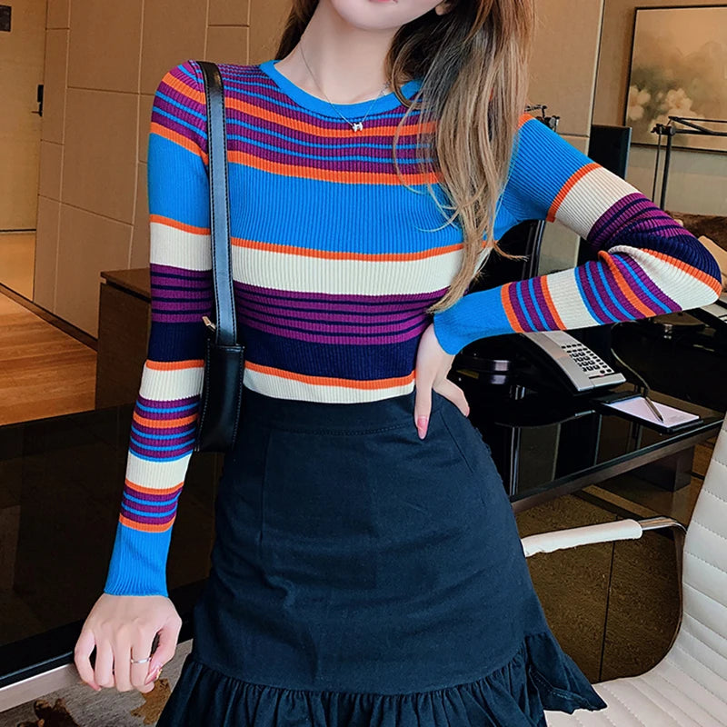 Autumn Winter Contrast Color Striped Sueters De Mujer Knitted Slim Long Sleeve