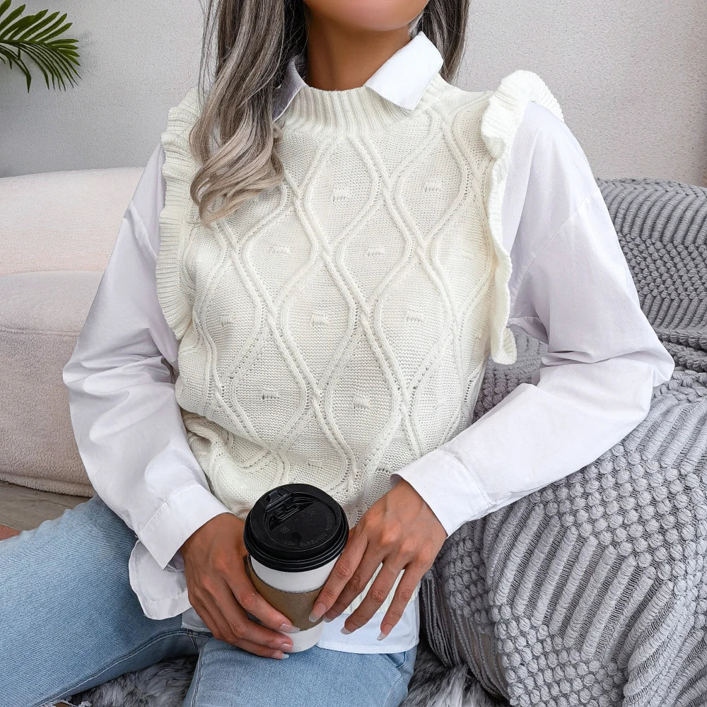 Женский повседневный свитер без рукавов с оборками, вязаный жилет, осень-зима