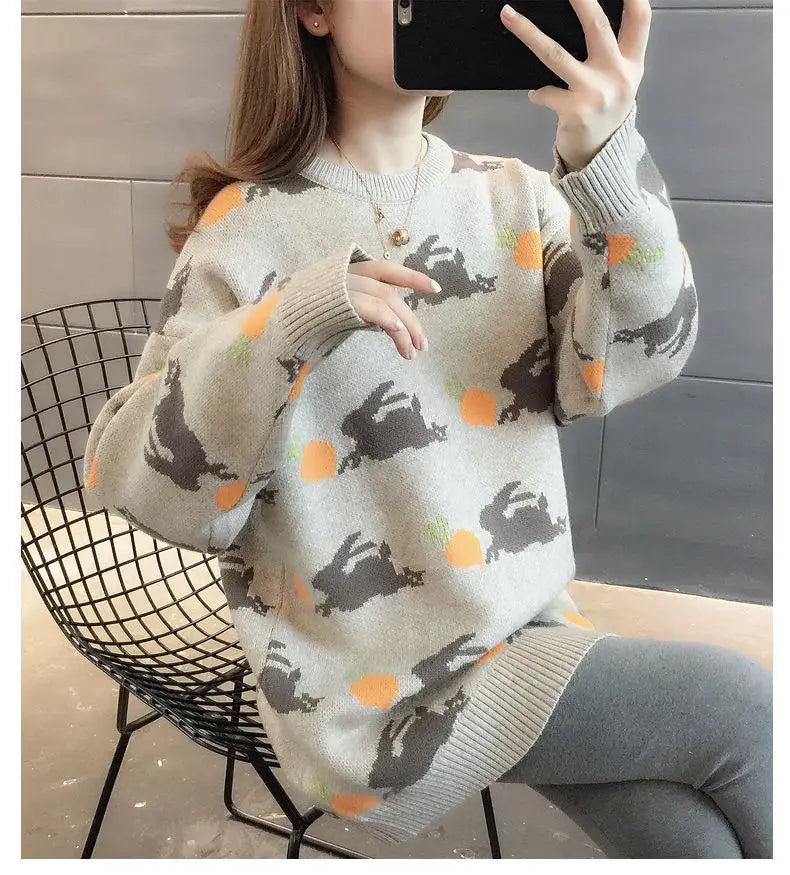 Retro Medium to Long Length Outerwear Fashionable Versatile Women s Sweater Wide Elastic Knitted