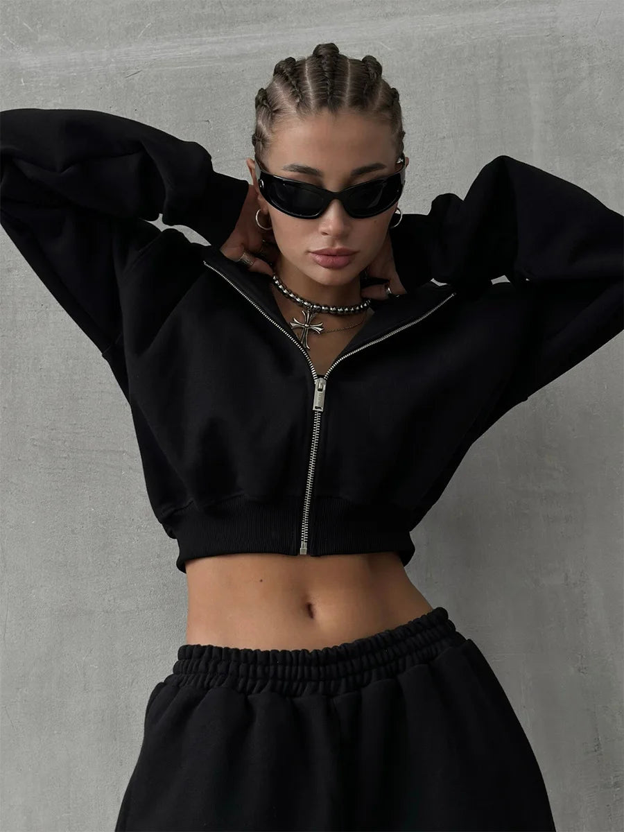 Bornladies Dames Cropped Hoodie Sweatpants Set Losse Trekkoord Taille Ritssluiting