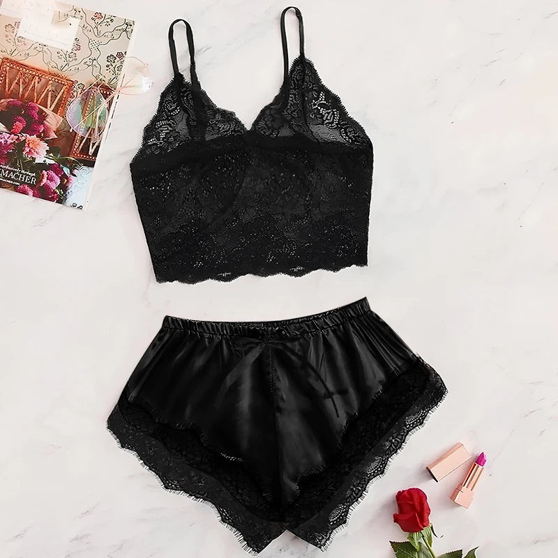 Summer 2 Pcs Women s Sexy Lace See Through Pajamas Black Pink Cute Clothes